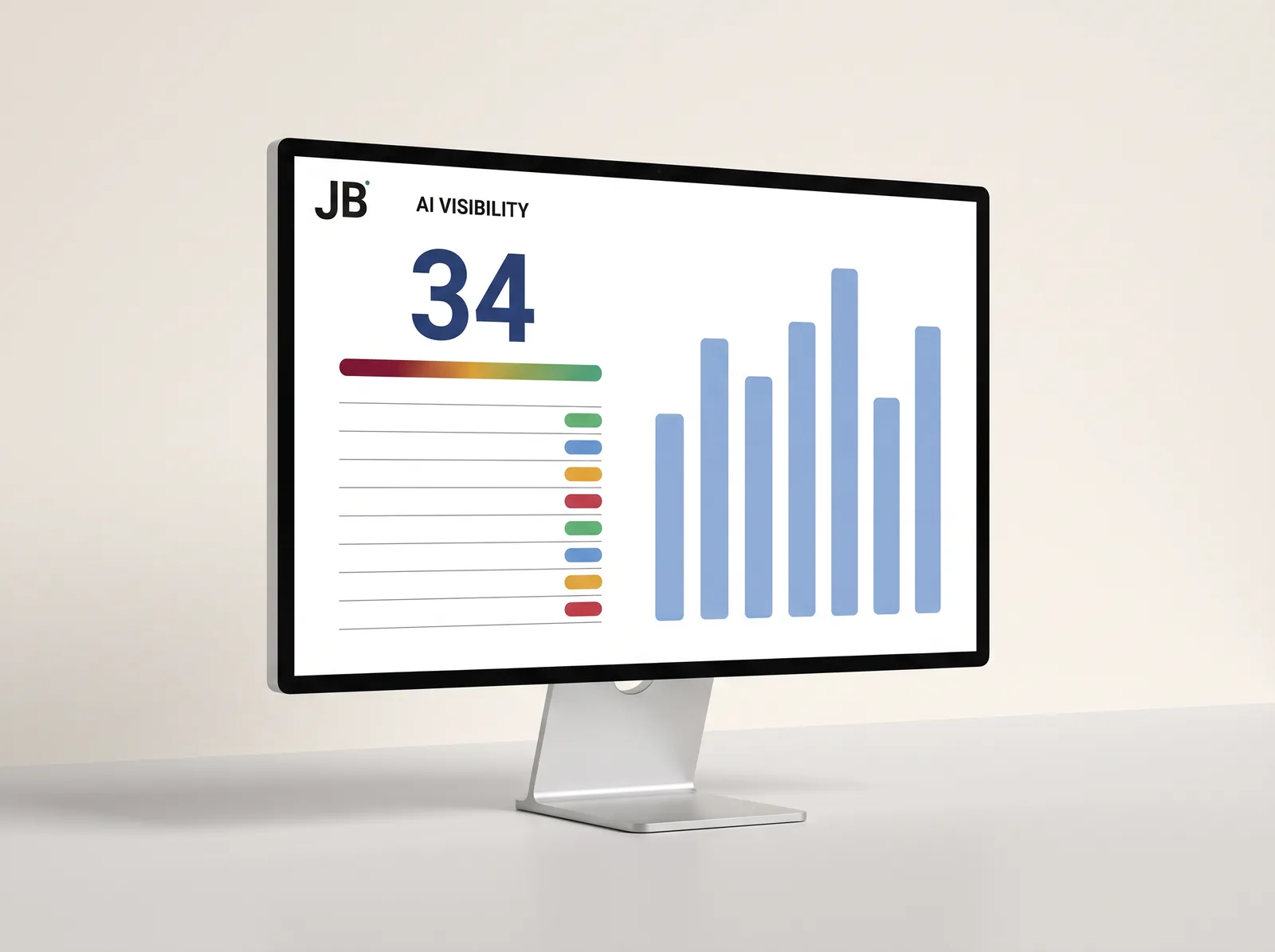 The AI Visibility Report shown on a desktop screen, with a visibility score, a per-engine breakdown and competitor comparison charts.