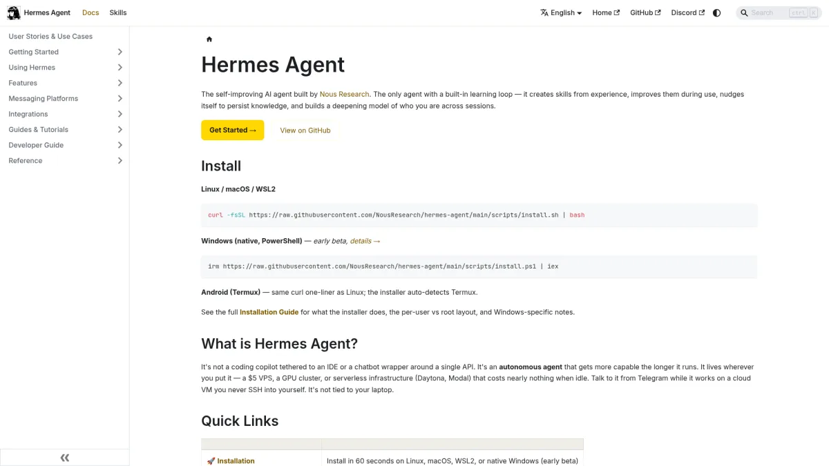 The Hermes Agent documentation site at hermes-agent.nousresearch.com - the full reference for setup, configuration and the skills system