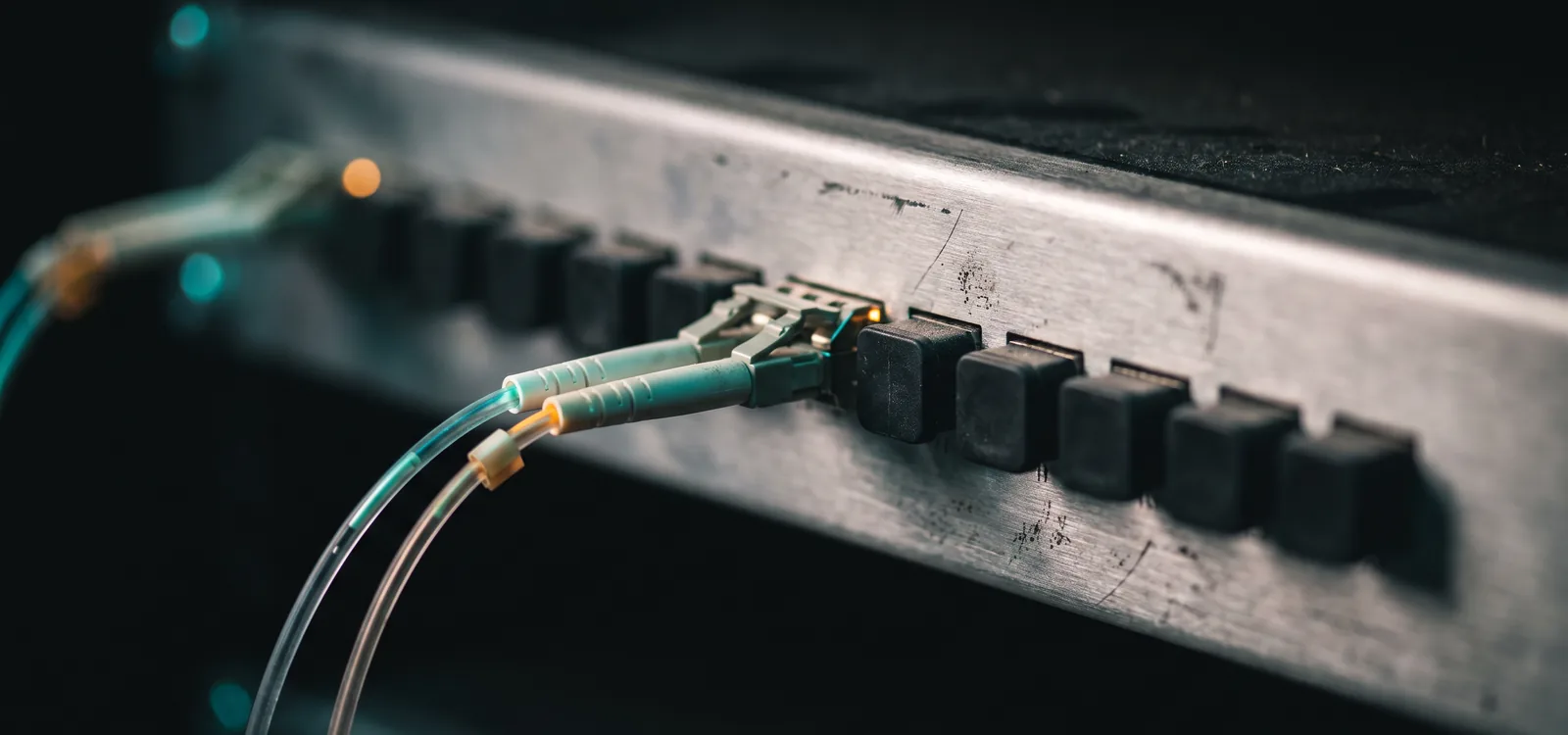 A fibre patch panel in a data centre with two ports connected and lit, and every other port sitting capped and dark.