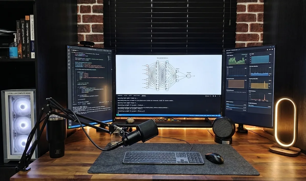 Jason Burns' remote workstation - multi-monitor setup running client dashboards, code and local AI models
