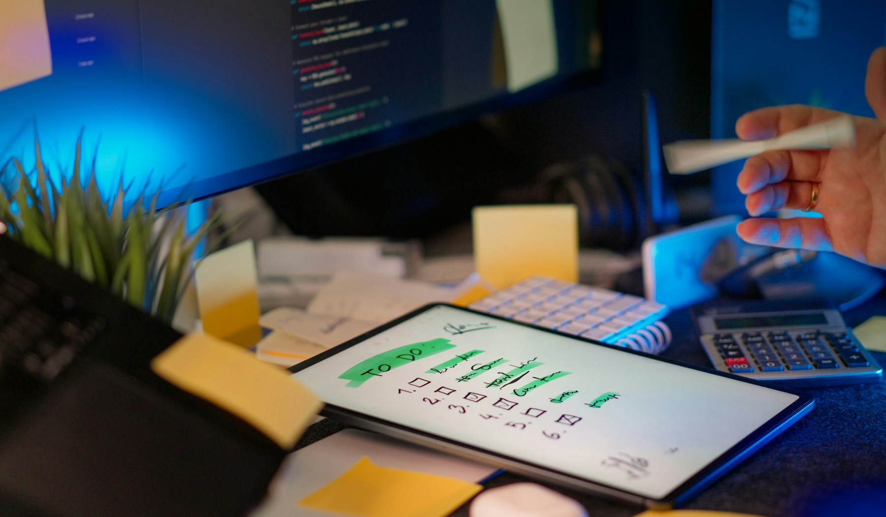 Desk with workflow notes, calculator and screen