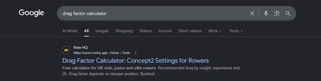 RowHQ search result showing a number one ranking for Concept2 drag factor